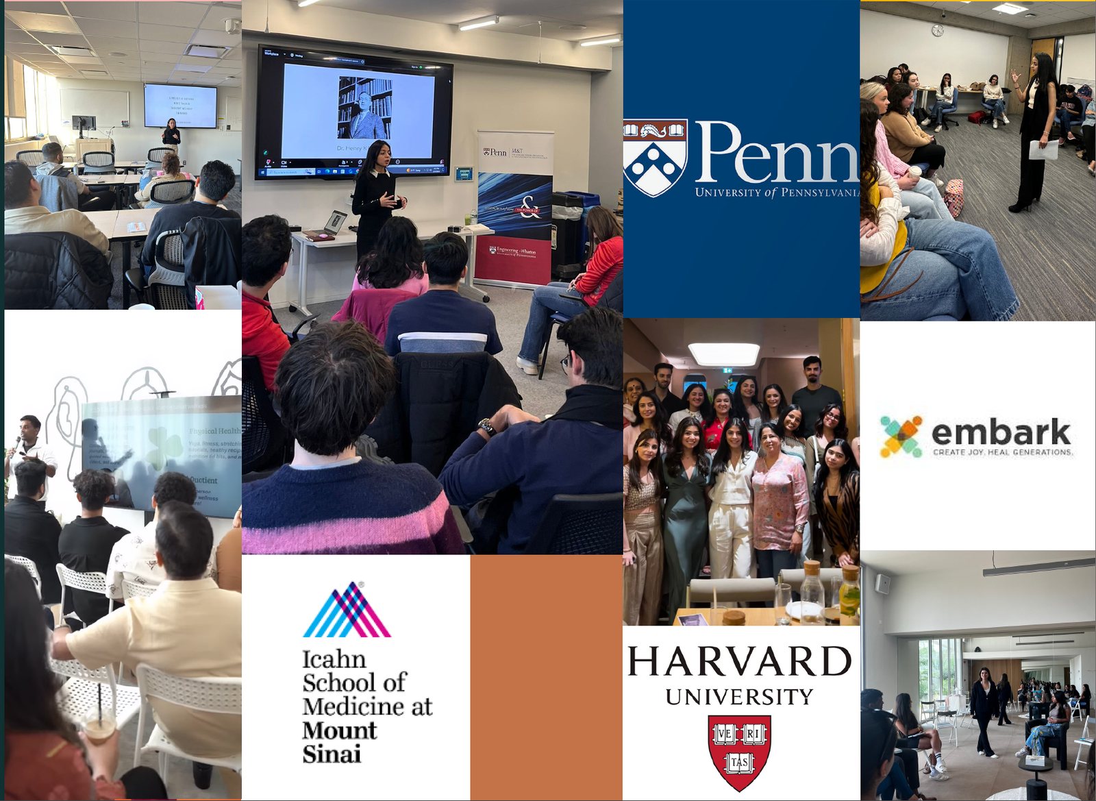 A collage of CLO sessions in progress alongside the marks of the institutions they have run with — the University of Pennsylvania, Harvard University, the Icahn School of Medicine at Mount Sinai, and Embark.