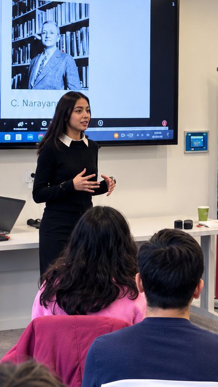 A facilitator mid-sentence in front of a seated group, a slide behind her.