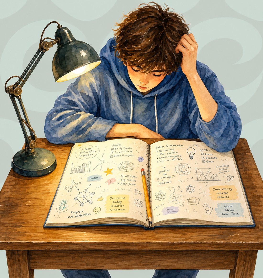 A student at a desk, working through a notebook of goals and reminders.