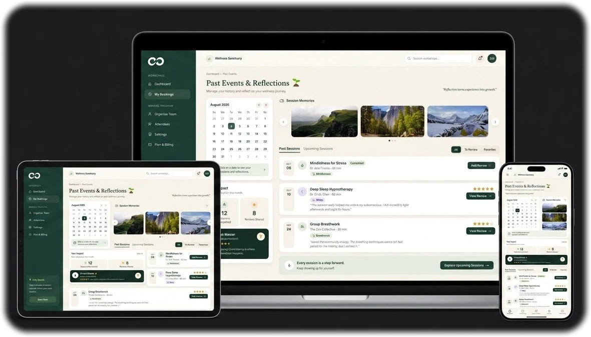 CLO Refresh on tablet, laptop and phone, showing an employee's past sessions, reflections and monthly impact